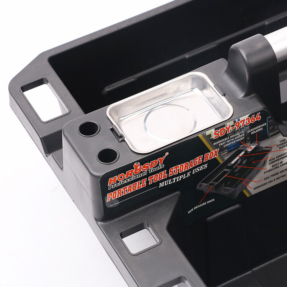 Portable tool storage box with magnetic tray and multiple compartments for organizing tools, screws, and fasteners, ideal for automotive and home use.
