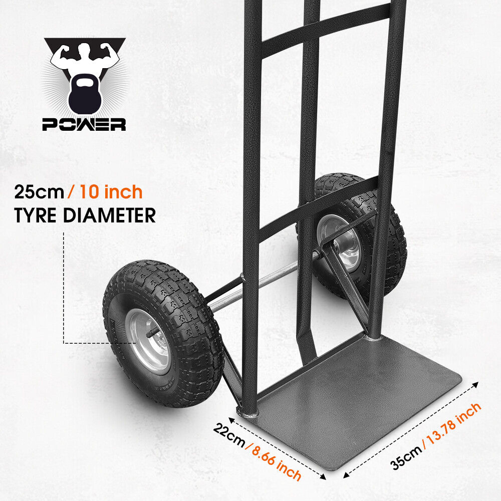 Heavy-duty sack truck with 250kg load capacity, sturdy metal frame, and durable rubber wheels for easy transportation.