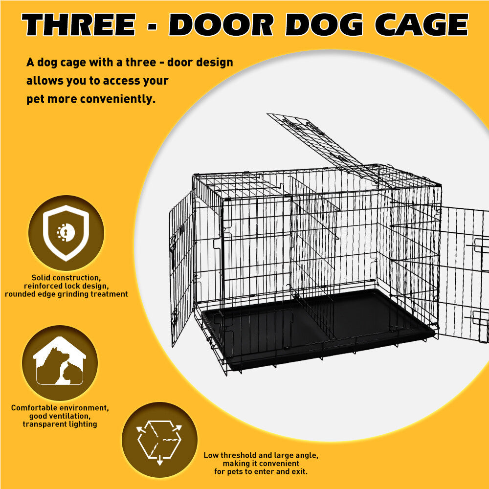 Foldable 24-inch dog cage with 3 doors, divider panel, leak-proof plastic tray, sturdy metal frame, and portable design for safe and comfortable pet housing.