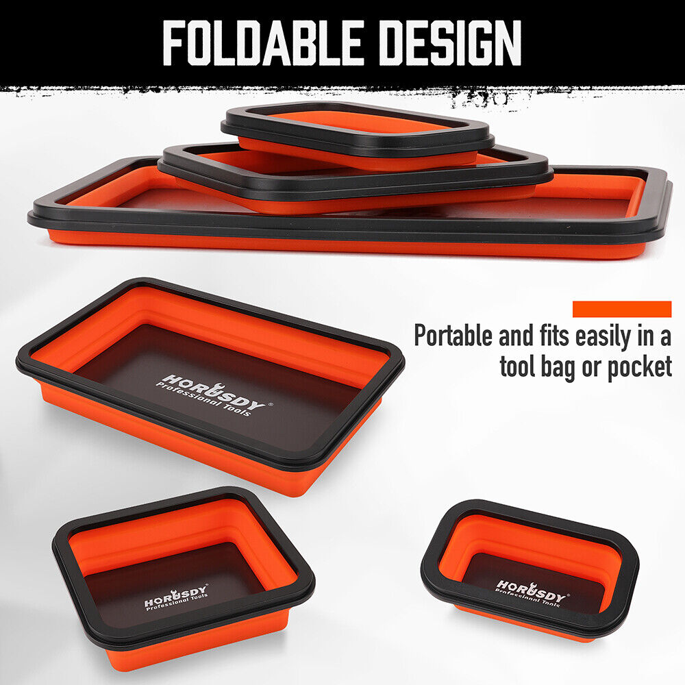 Orange and black HORUSDY magnetic parts tray set in three sizes for tool organization and storage.