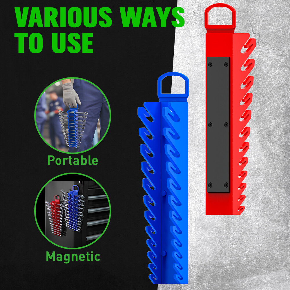 SWANLAKE magnetic wrench organiser with 12 slots and rare-earth magnets, heavy-duty holders for SAE and metric wrenches in red and blue for wall or toolbox mounting