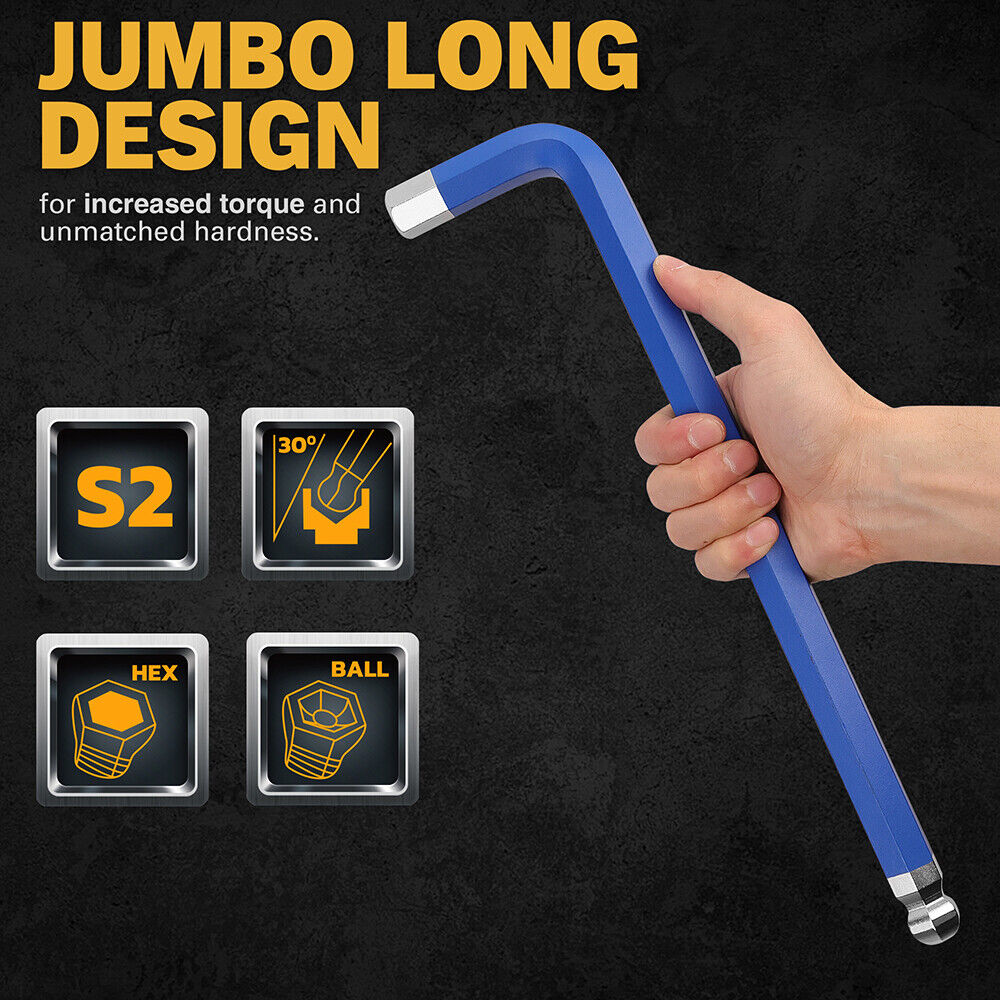 ELEAD 13-piece blue hex key set with ball ends and size indicators, ranging from 2-19mm, for precision work in tight spaces