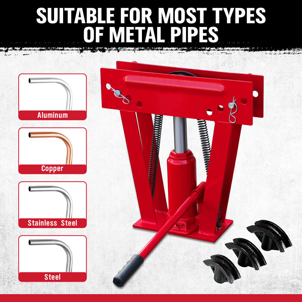 8-ton hydraulic pipe bender with 3-piece die set for precise 90-180 degree bending of various metal pipes, including steel, aluminum, and copper.