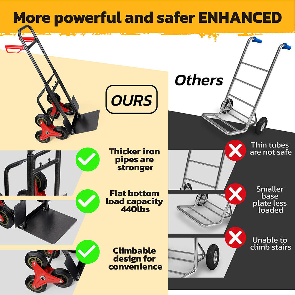 Folding stair climber hand truck with 440 lbs capacity, featuring tri-wheel design, adjustable height, and foldable frame for easy transport.