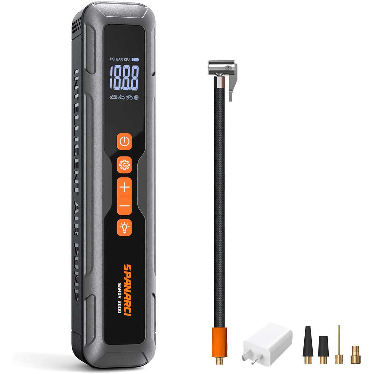 Portable digital tire inflator from HORUSDY with LED display, 6000mAh rechargeable battery, suitable for cars, motorcycles, bicycles, and sports balls.