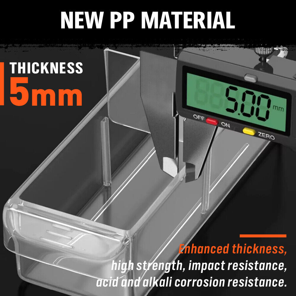 Wall mount 36 drawer parts organiser with clear and orange bins for screws, tools, and hardware storage