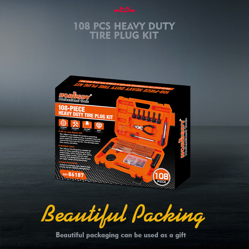 108-piece heavy duty tire repair kit with T-handle tools, pliers, utility knife, and tire plugs in a bright orange case"