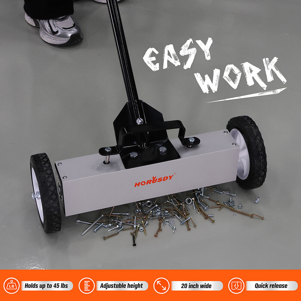 Magnetic sweeper with adjustable handle, 20-inch width, and quick-release feature for easy metal debris collection.