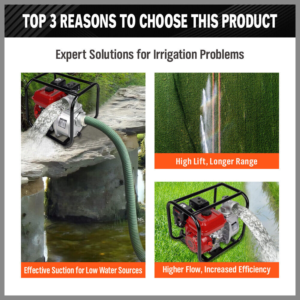 Gasoline water pump with 6.5HP engine, 60m³/h flow rate, 3-inch outlet, perfect for large-scale irrigation and water transfer.