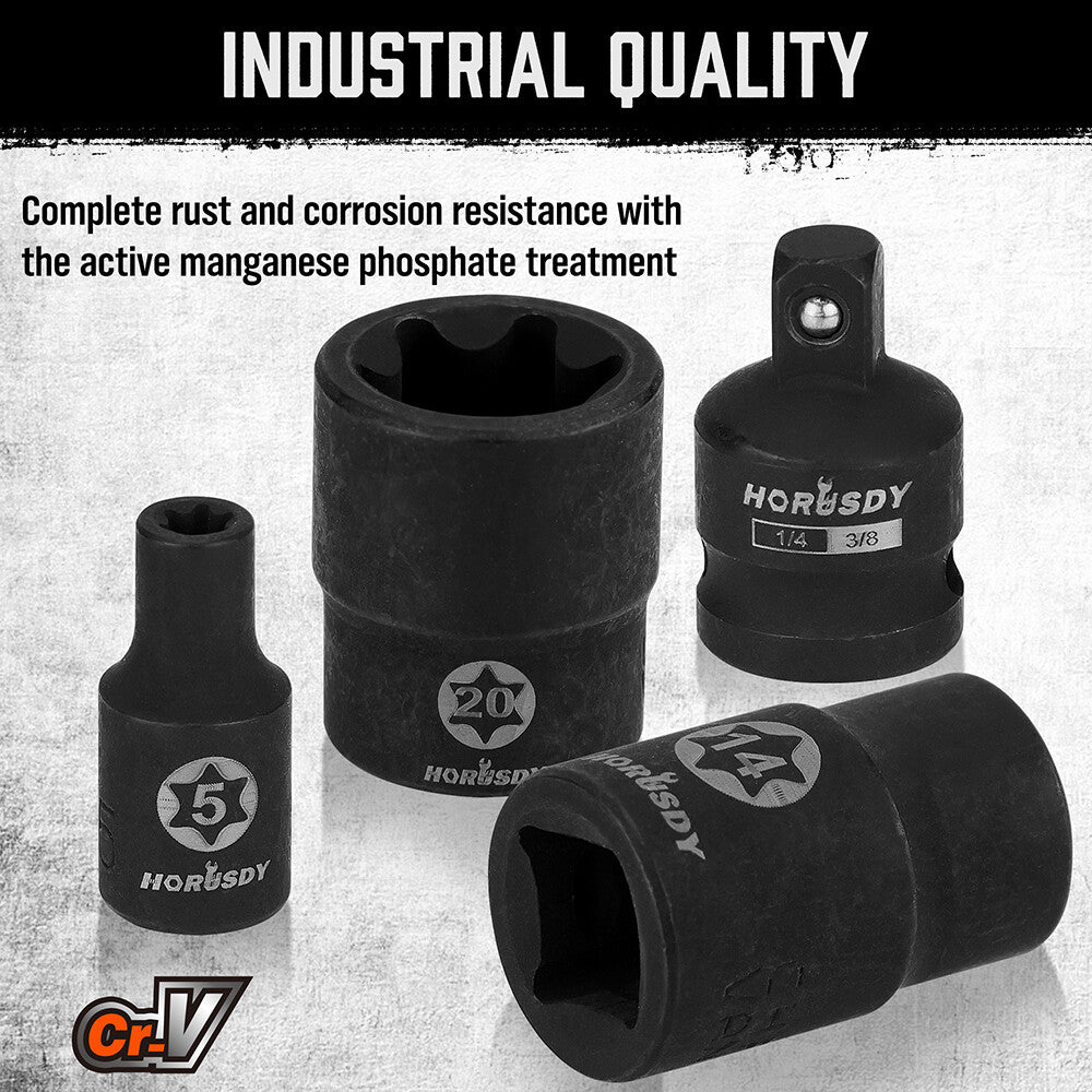 HORUSDY 13-piece female external star socket set with E4–E20 sizes, 2 drive adapters, durable CR-V steel construction and quick-release storage rack