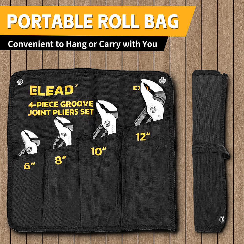 ELEAD 4-piece adjustable groove joint pliers set with ergonomic non-slip handles, roll-up storage bag, and multiple jaw sizes for versatile gripping.