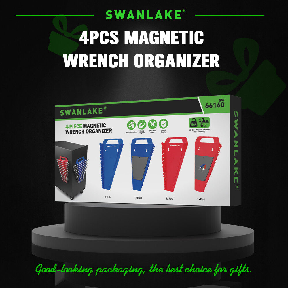 Set of four SWANLAKE magnetic wrench organisers with 15 slots each in red and blue, heavy-duty holders with strong magnets for wall or toolbox use