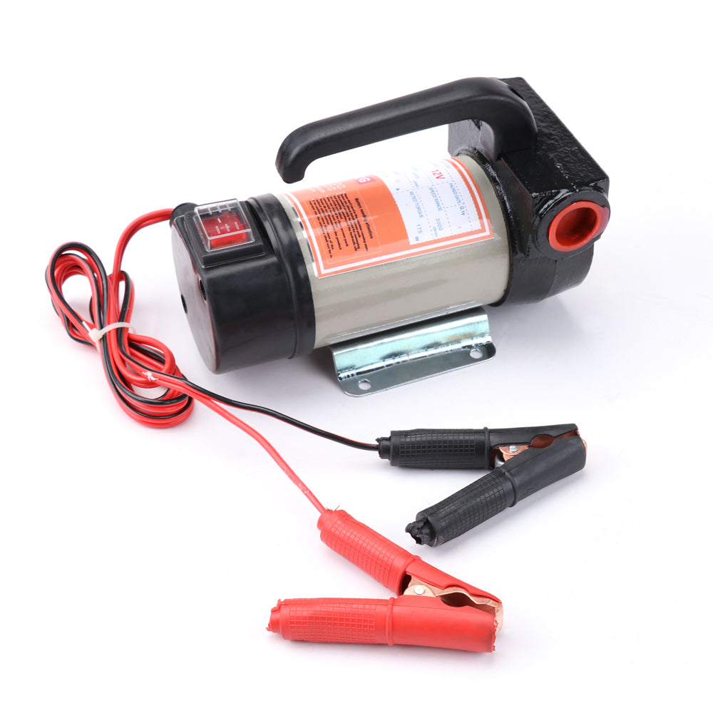 12V electric diesel fuel transfer pump kit with accessories including clamps, connectors, filter, and self-priming portable design