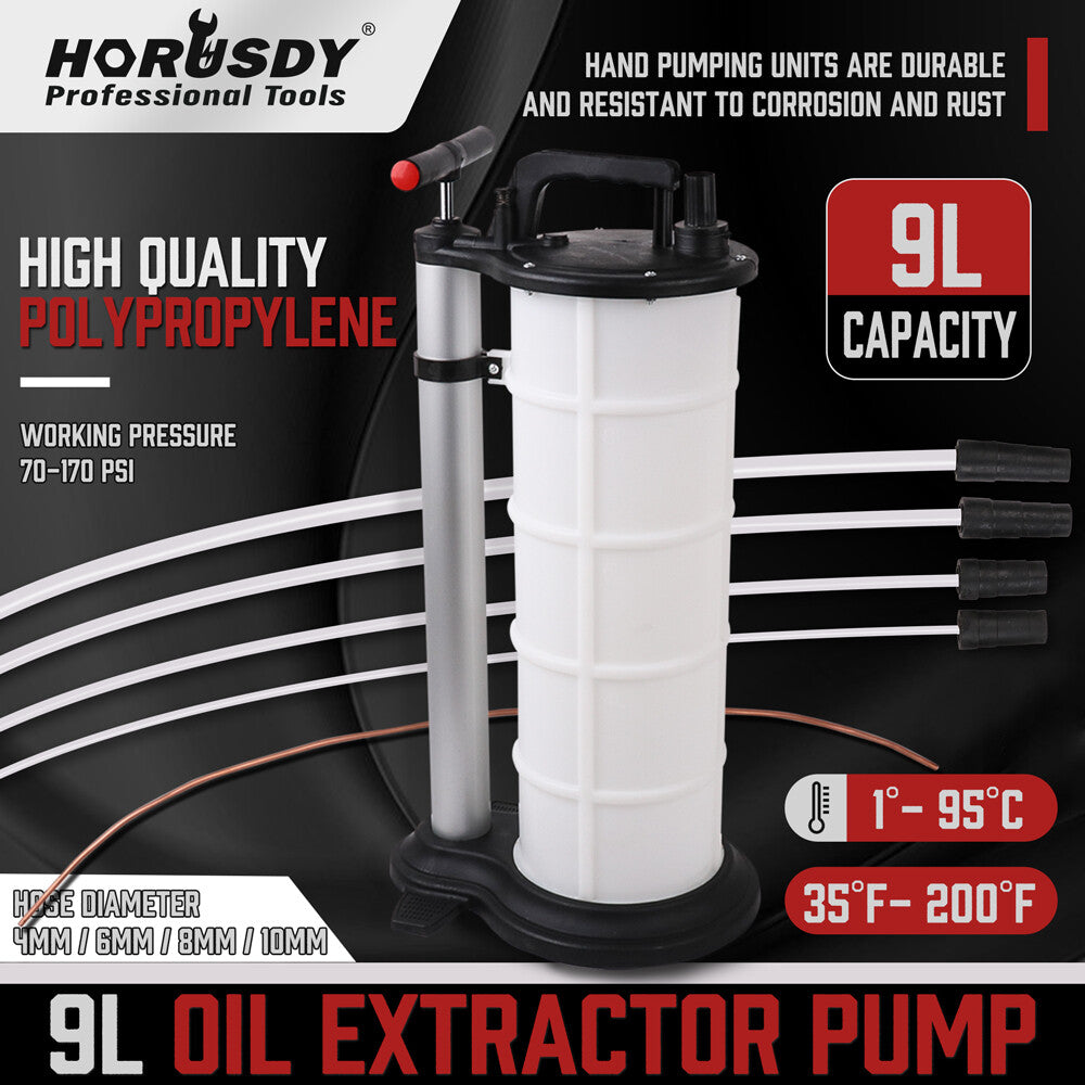 HORUSDY 9L oil extractor pump with hand pump, polypropylene tank and multiple hose sizes for engine oil, brake fluid and vehicle fluid extraction