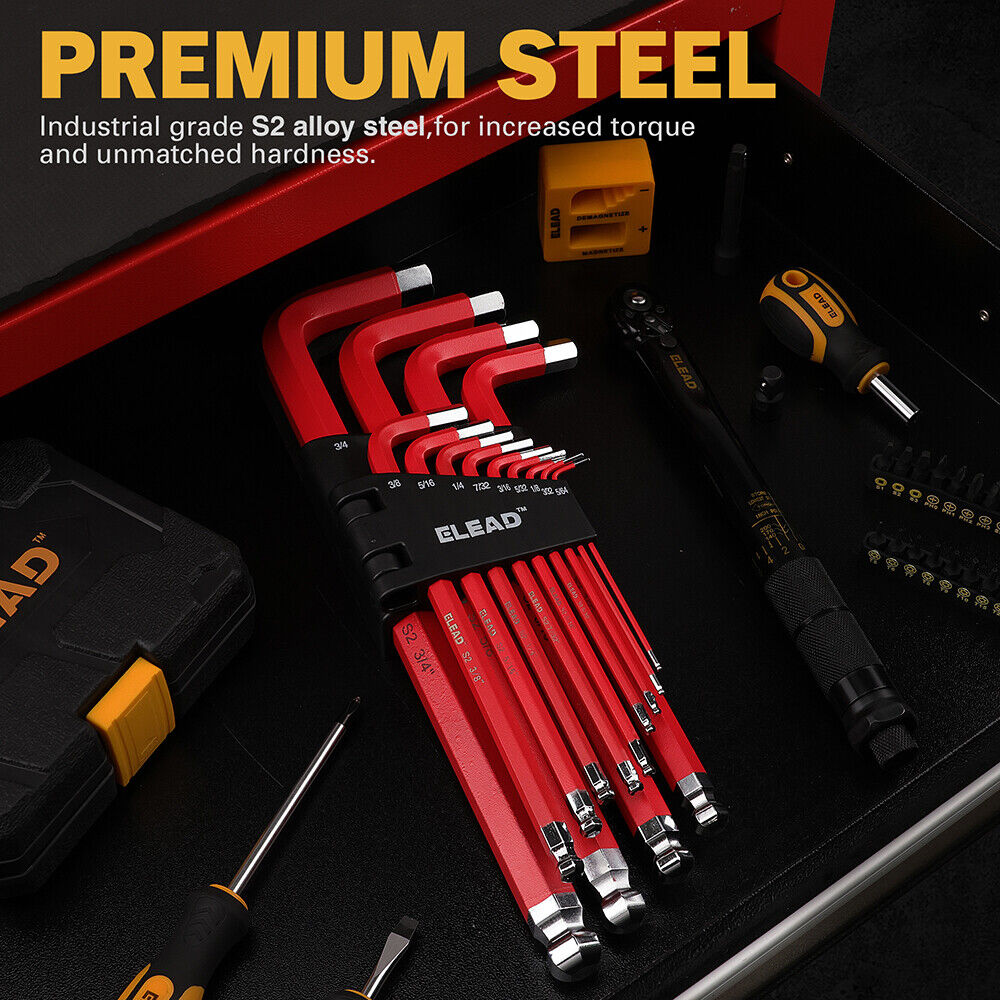 ELEAD 13-piece red hex key set with ball ends and size indicators, ranging from 5/64” to 3/4", for precision work in tight spaces