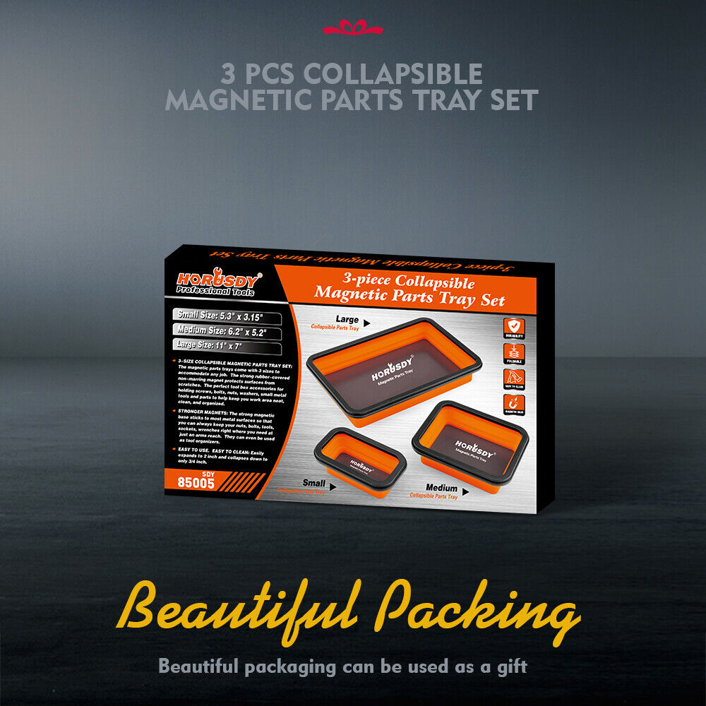 Orange and black HORUSDY magnetic parts tray set in three sizes for tool organization and storage.