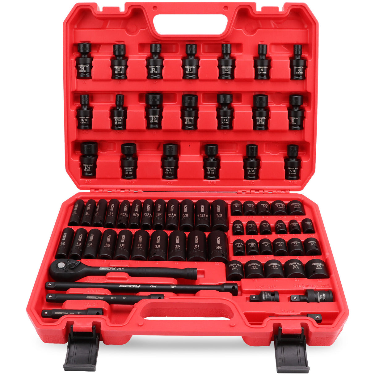 SEDY 71-piece SAE and metric impact socket set with Cr-V steel, swivel sockets, extensions, and durable red carry case for mechanics and automotive work.