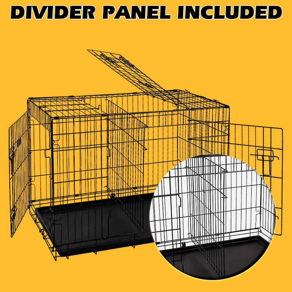 Foldable 24-inch dog cage with 3 doors, divider panel, leak-proof plastic tray, sturdy metal frame, and portable design for safe and comfortable pet housing.