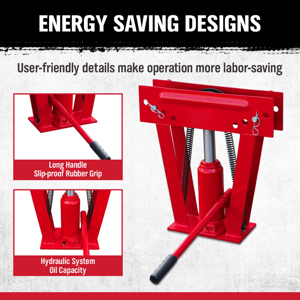 8-ton hydraulic pipe bender with 3-piece die set for precise 90-180 degree bending of various metal pipes, including steel, aluminum, and copper.