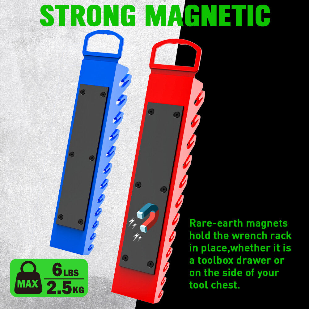SWANLAKE magnetic wrench organiser with 12 slots and rare-earth magnets, heavy-duty holders for SAE and metric wrenches in red and blue for wall or toolbox mounting