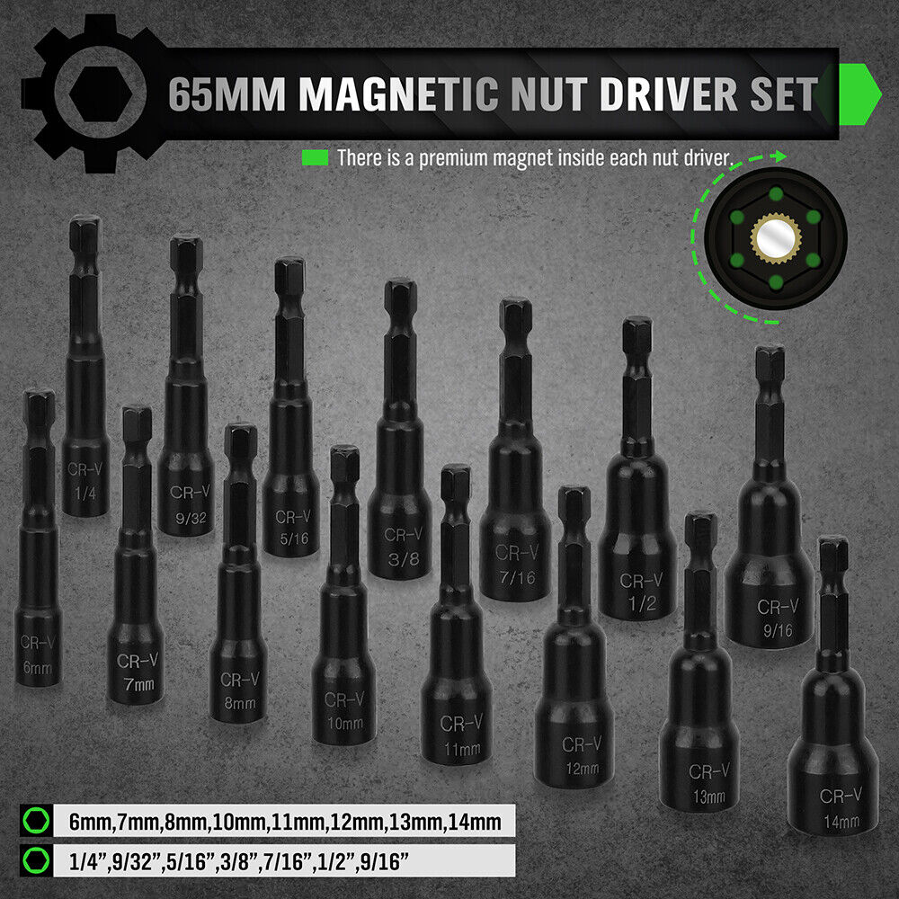 39-piece magnetic nut driver set with CR-V steel in green case, includes hex bit sockets and adapters for drills and screwdriversnery maintenance.