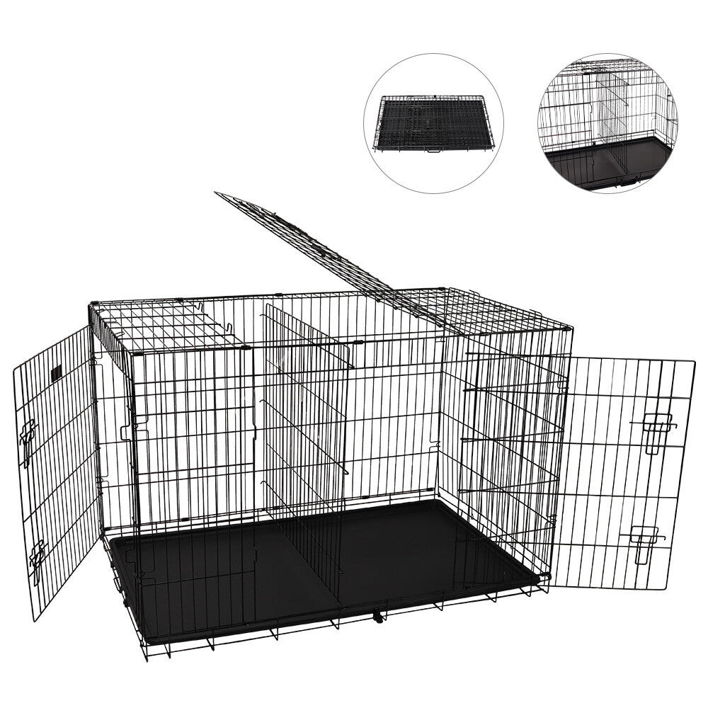 Foldable 24-inch dog cage with 3 doors, divider panel, leak-proof plastic tray, sturdy metal frame, and portable design for safe and comfortable pet housing.