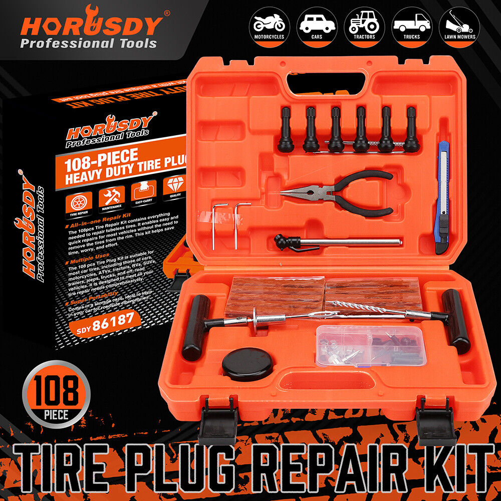 108-piece heavy duty tire repair kit with T-handle tools, pliers, utility knife, and tire plugs in a bright orange case"