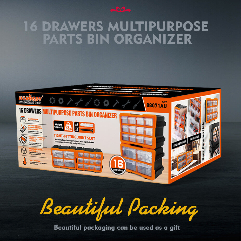 Wall-mountable modular parts organizer with 16 drawers for garage tools and hardware storage - HORUSDY Professional Tools Australia