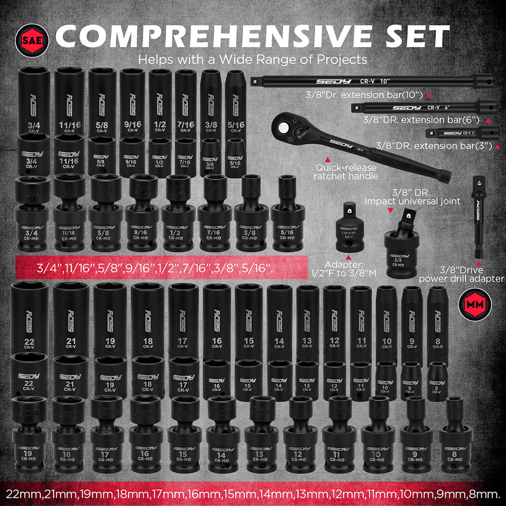 SEDY 71-piece SAE and metric impact socket set with Cr-V steel, swivel sockets, extensions, and durable red carry case for mechanics and automotive work.
