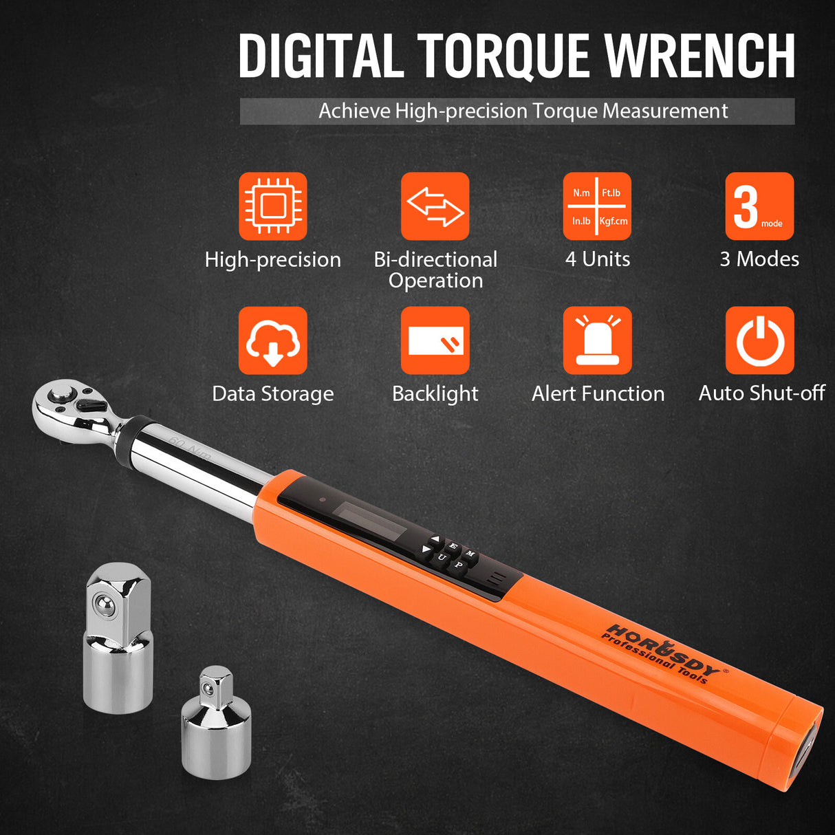 Professional digital torque wrench with bidirectional measurement, 4-unit switching & ISO-certified calibration - HORUSDY Tools Australia