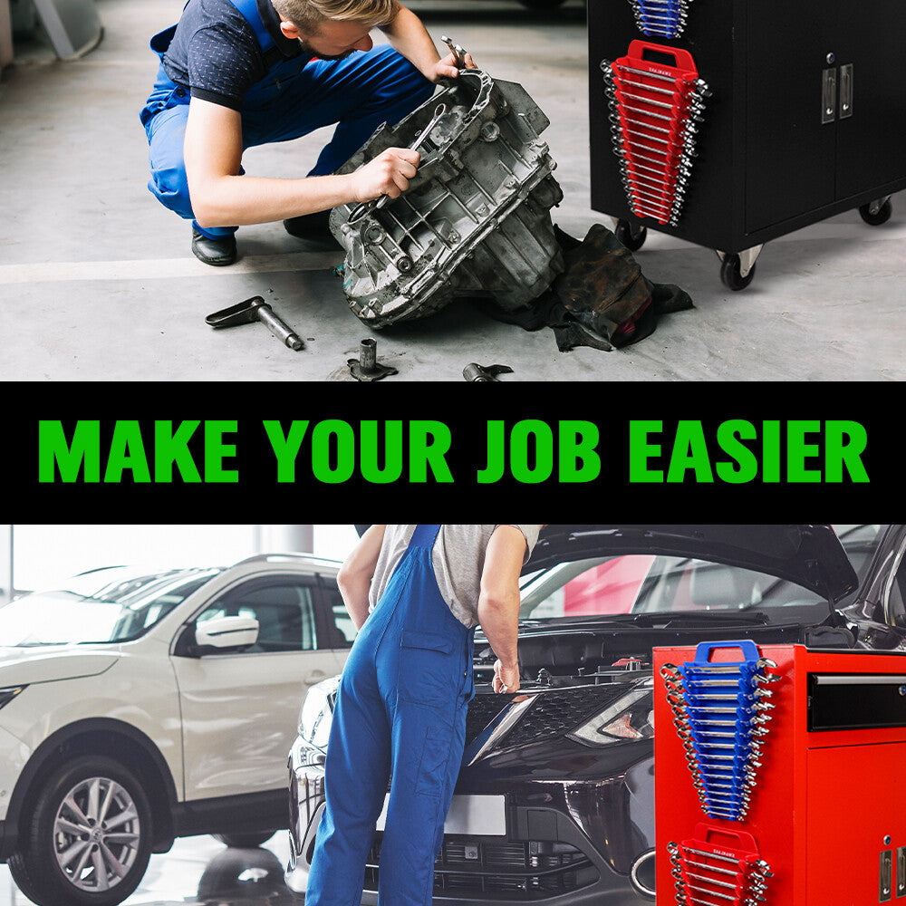 Magnetic wrench organiser set with red and blue 15-slot holders for wall or toolbox mounting, heavy-duty design with strong rare-earth magnets