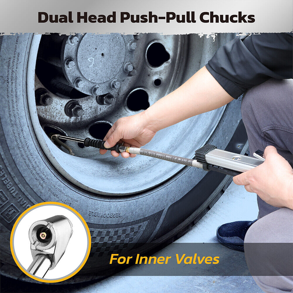 Handheld tire inflator with digital pressure gauge, dual head chucks, and TPMS compatibility for accurate inflation and deflation.