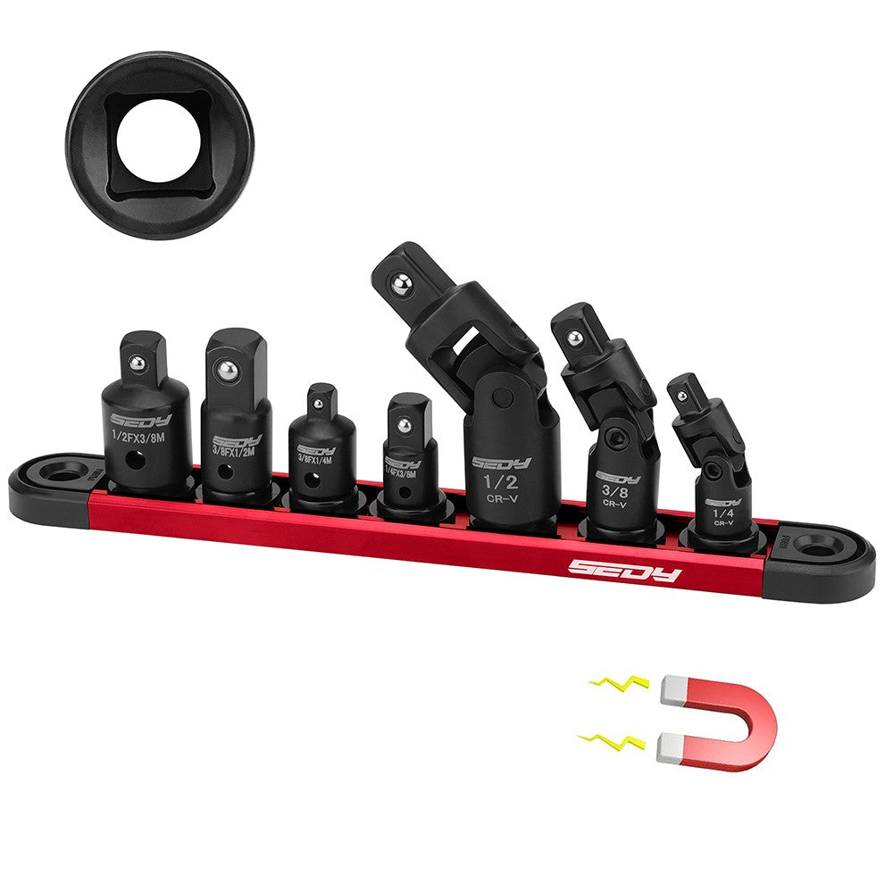 SEDY 7-piece impact socket adapter and universal joint set with magnetic rail, ideal for automotive and DIY tool storage