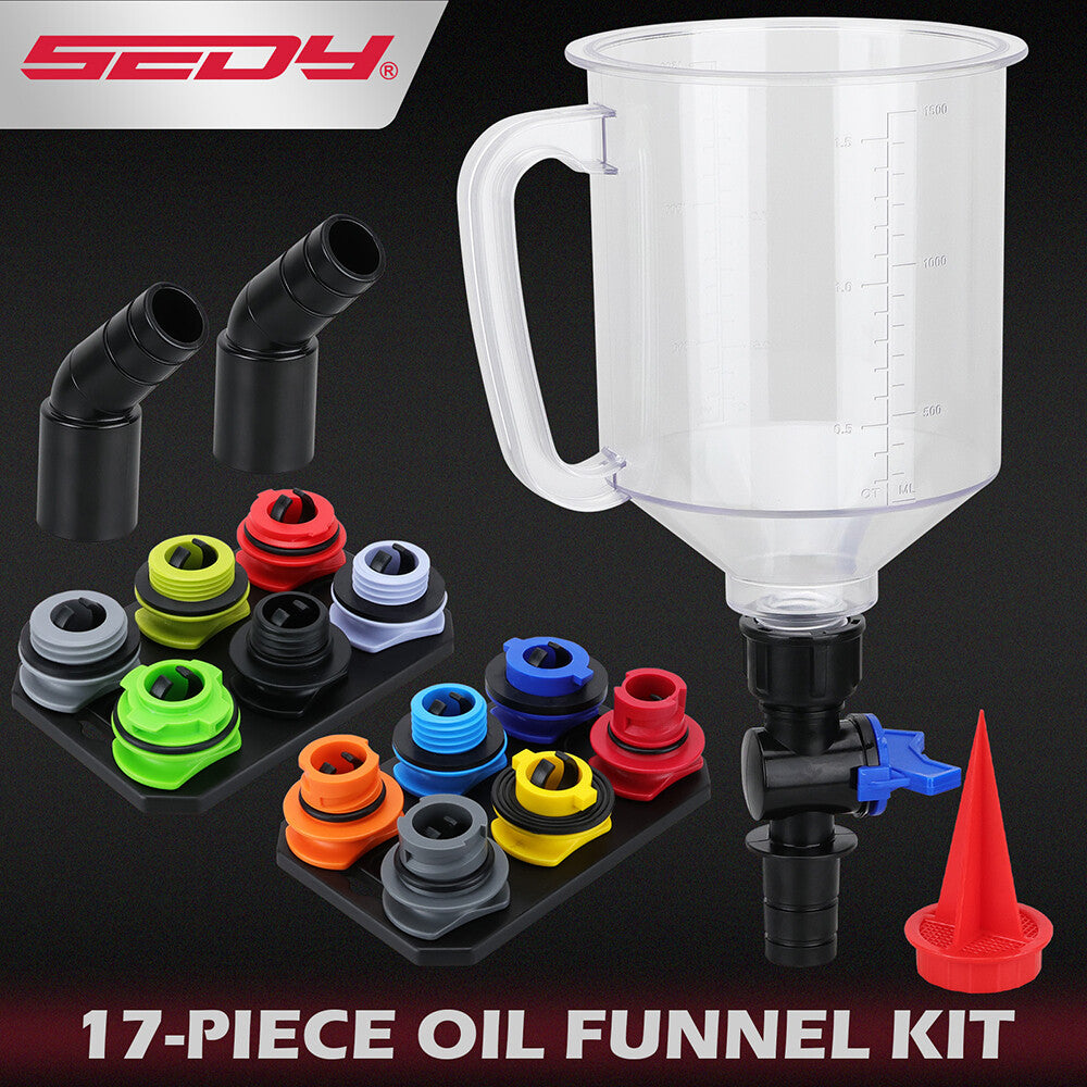 17-piece engine oil funnel kit with colour-coded adapters, magnetic tray and leak-proof 1.5L funnel for easy vehicle oil changes