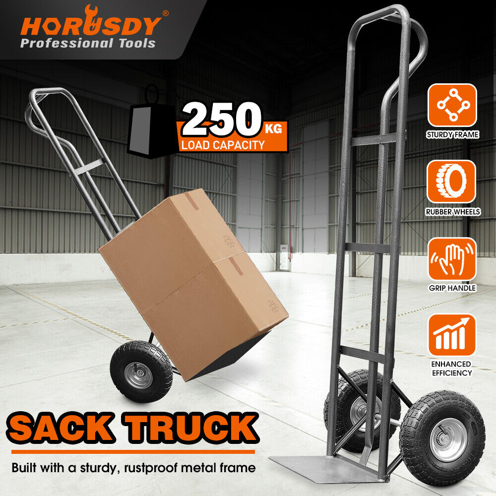 Heavy-duty sack truck with 250kg load capacity, sturdy metal frame, and durable rubber wheels for easy transportation.
