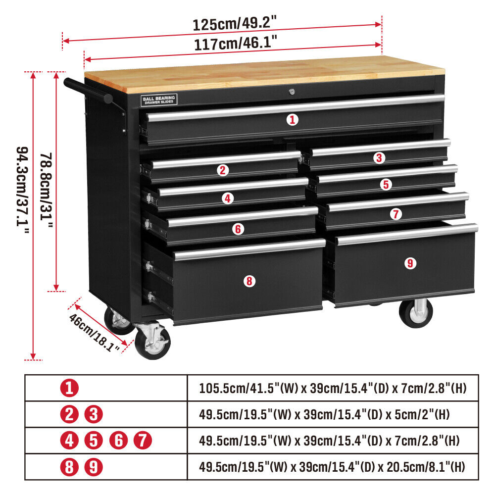 Heavy-duty HORUSDY tool chest cabinet with 42/46-inch width, 8/9 spacious drawers, wooden worktop, and lockable wheels for organized and mobile tool storage