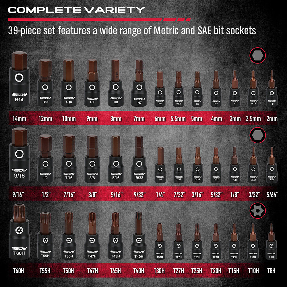 SEDY 39-Piece Torx & Hex Bit Master Impact Socket Set with S2 Alloy Steel for Automotive and Machine Repair