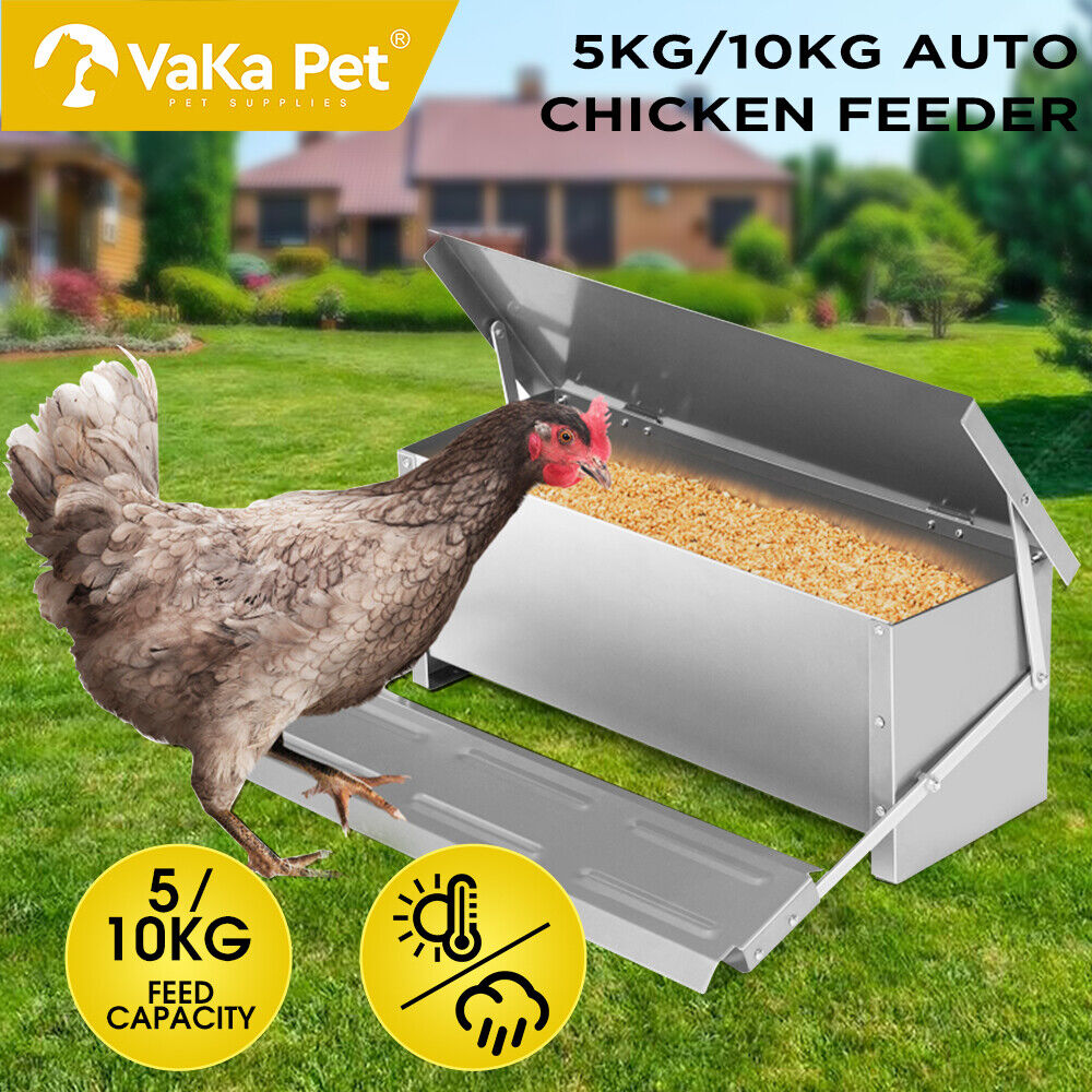 VaKa Automatic Chicken Feeder with a capacity of 5/10KG, featuring a self-opening, weight-operated lid to keep feed secure and fresh