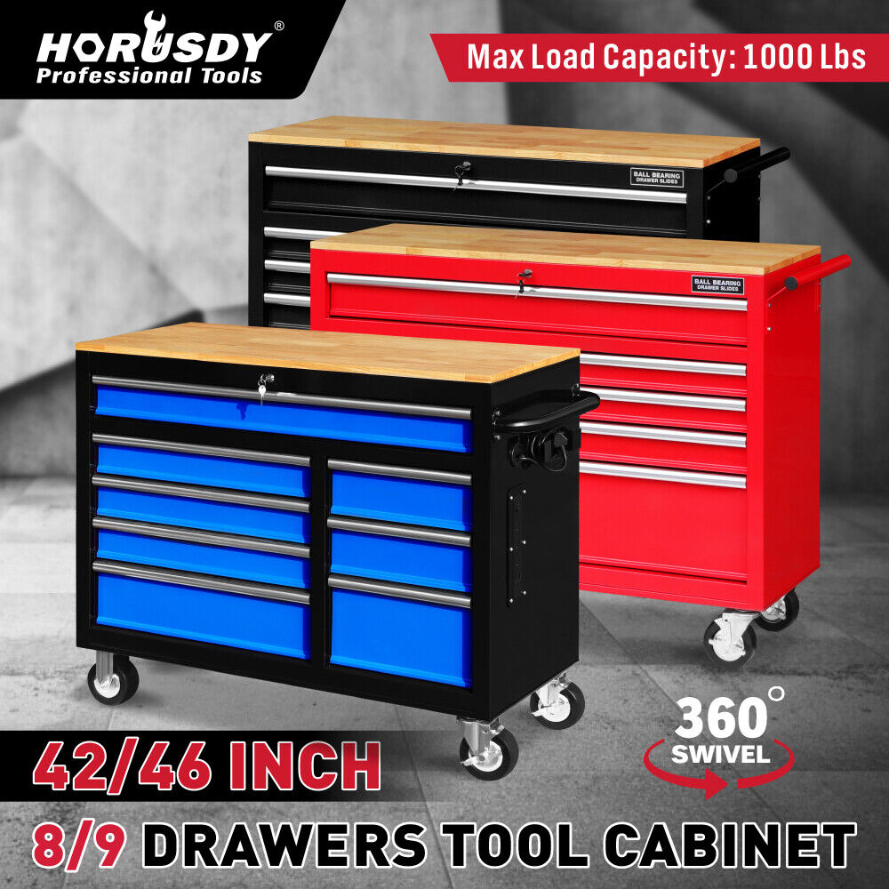 Heavy-duty HORUSDY tool chest cabinet with 42/46-inch width, 8/9 spacious drawers, wooden worktop, and lockable wheels for organized and mobile tool storage