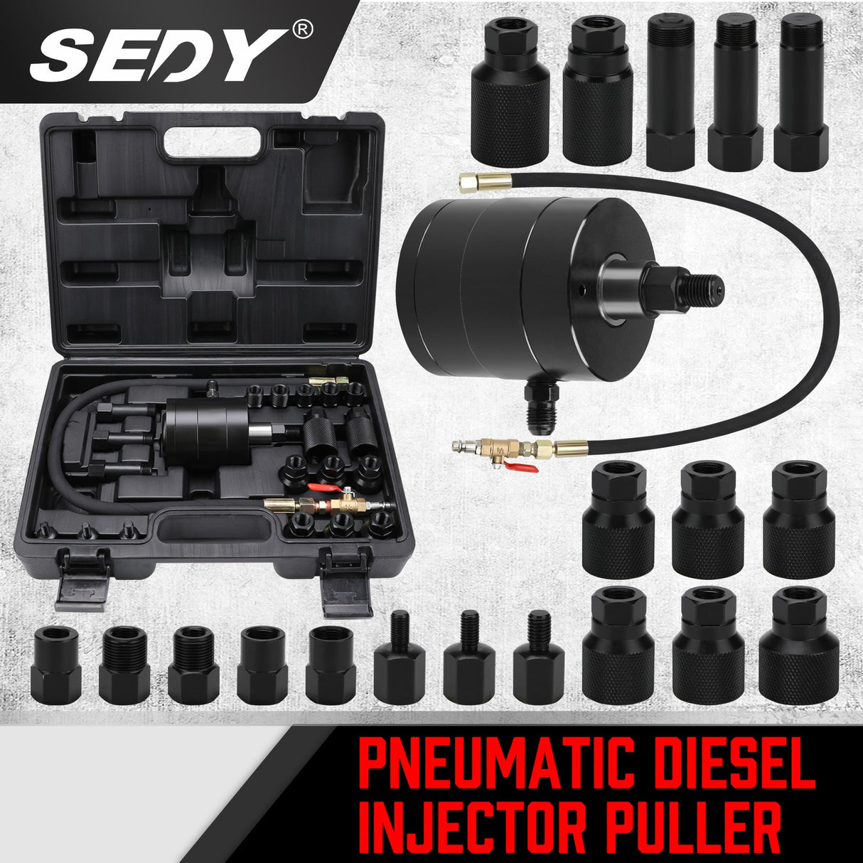 Heavy-duty pneumatic injector puller set with air hammer, adapters, hose, and storage case for stuck diesel injector removal