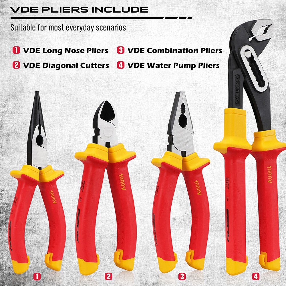 14-piece insulated pliers and screwdriver set with VDE certification, magnetic tips, ergonomic handles and 1000V safety rating for electricians