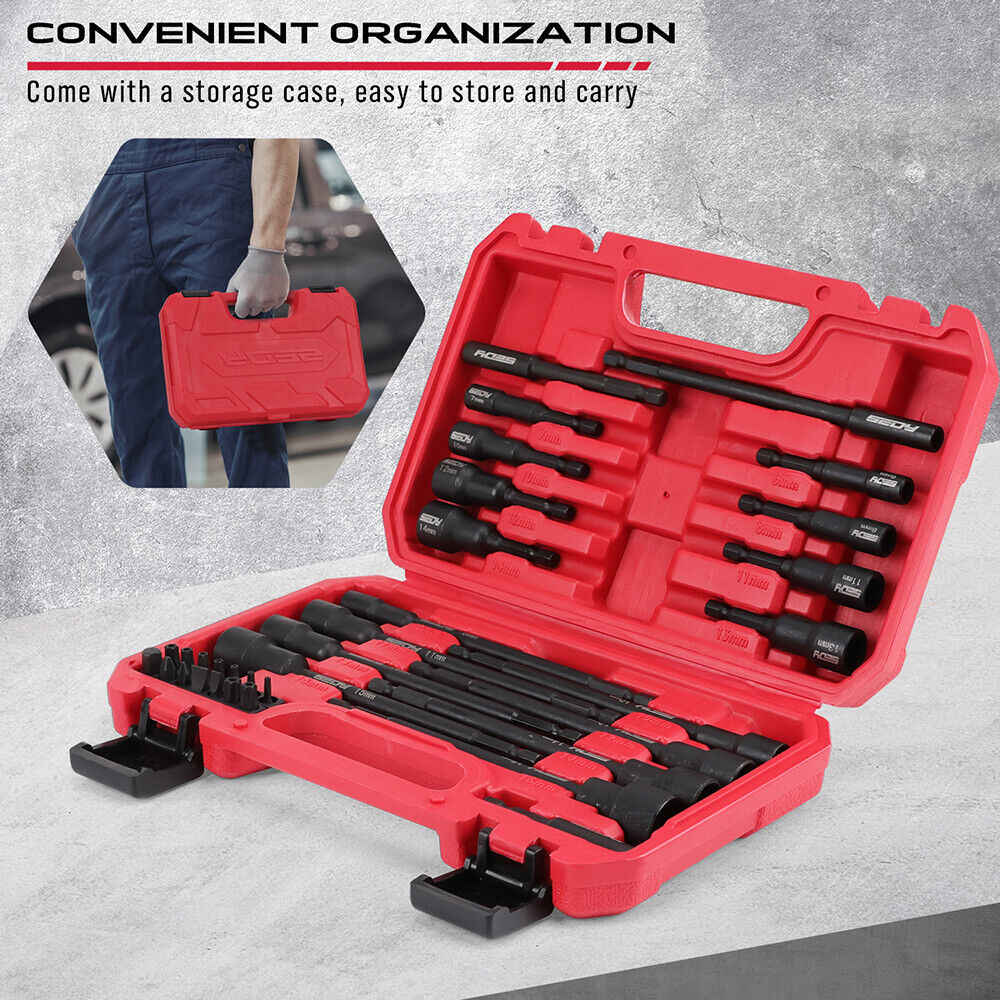 33-piece Sedy Nut Driver Set with magnetic force, extra-long drivers, CR-V steel material, and a convenient storage case for easy organization