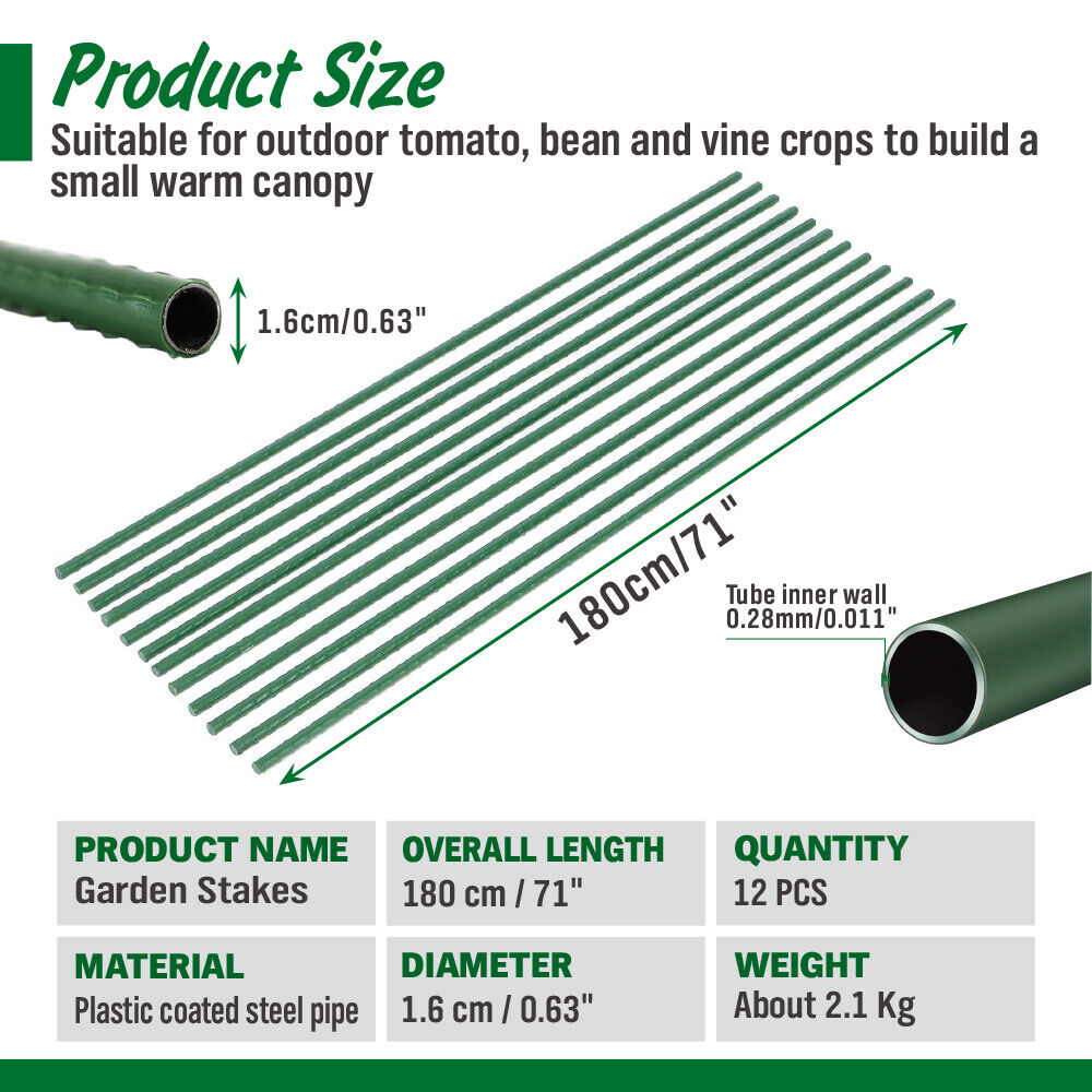 Bundle of 12 green coated metal garden stakes, 16mm diameter, available in 150cm and 180cm lengths for plant support
