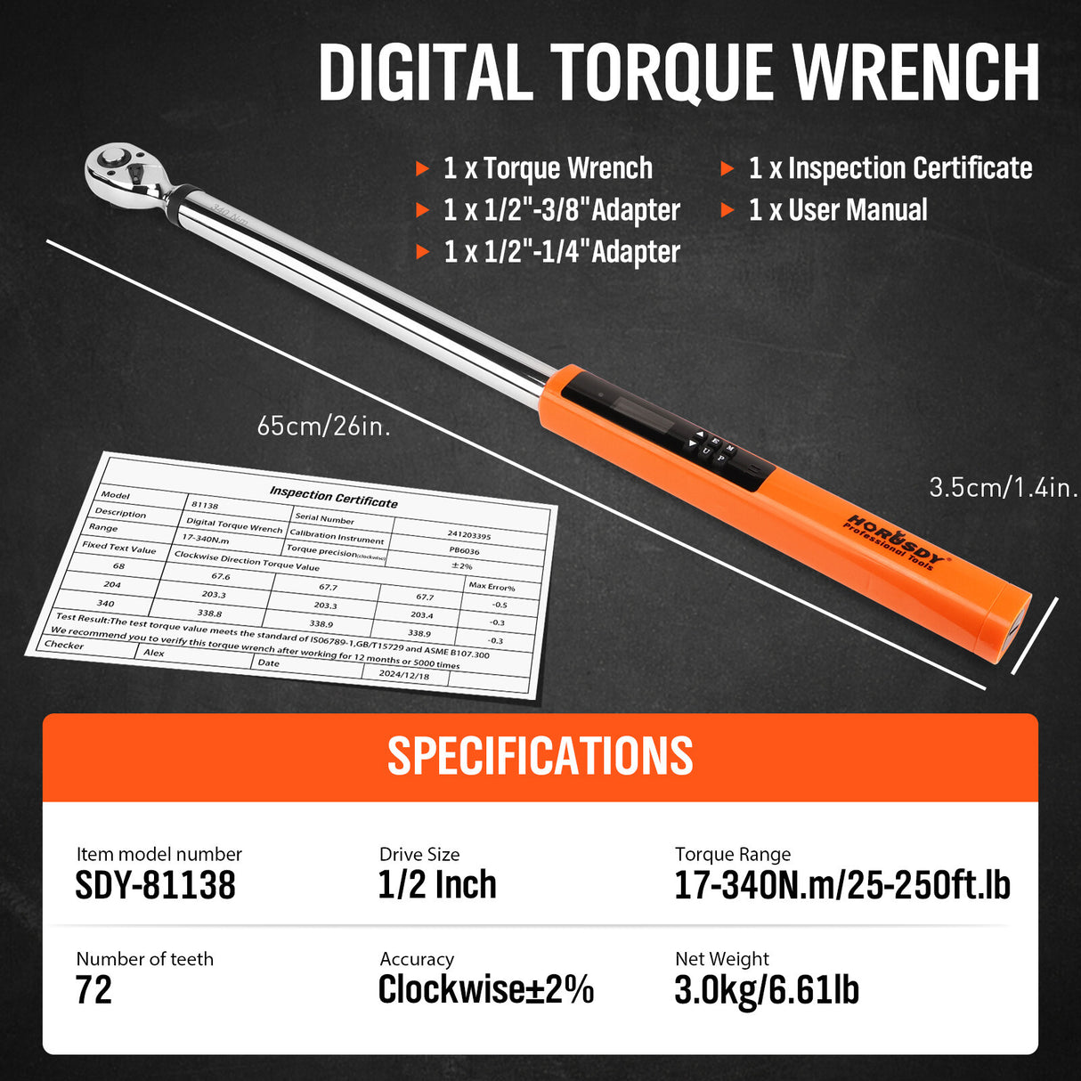 Professional 1/2-inch drive digital torque wrench with bidirectional measurement & ISO-certified calibration - HORUSDY Tools Australia