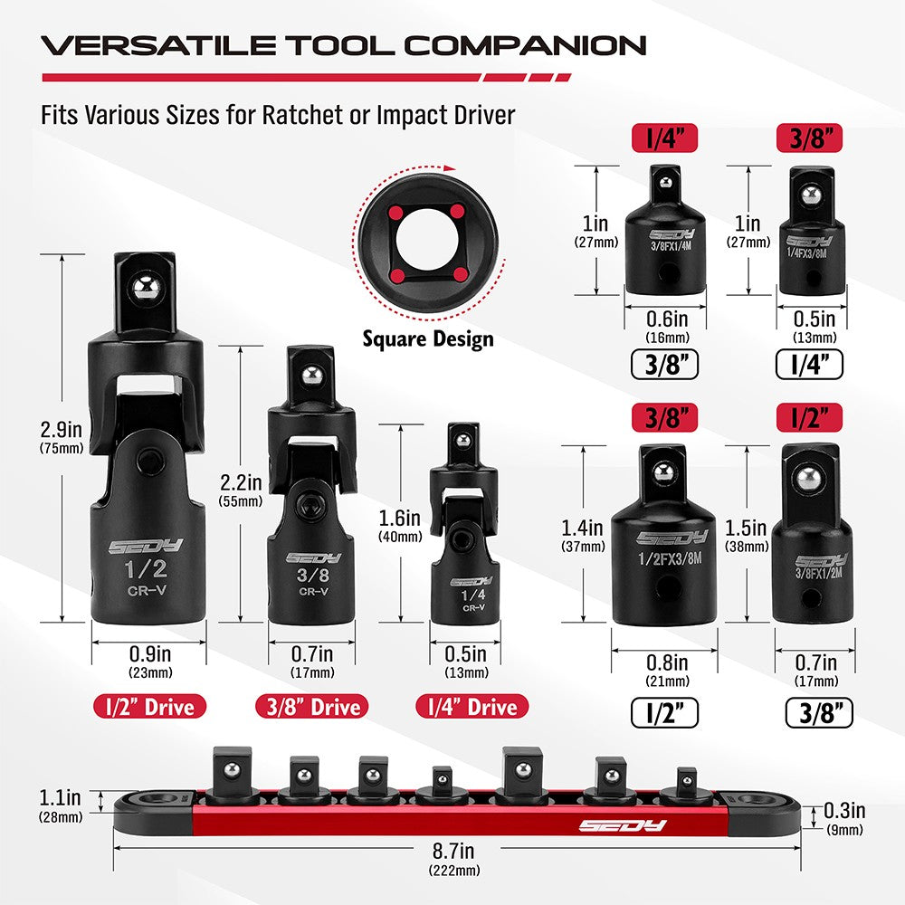 SEDY 7-piece impact socket adapter and universal joint set with magnetic rail, ideal for automotive and DIY tool storage