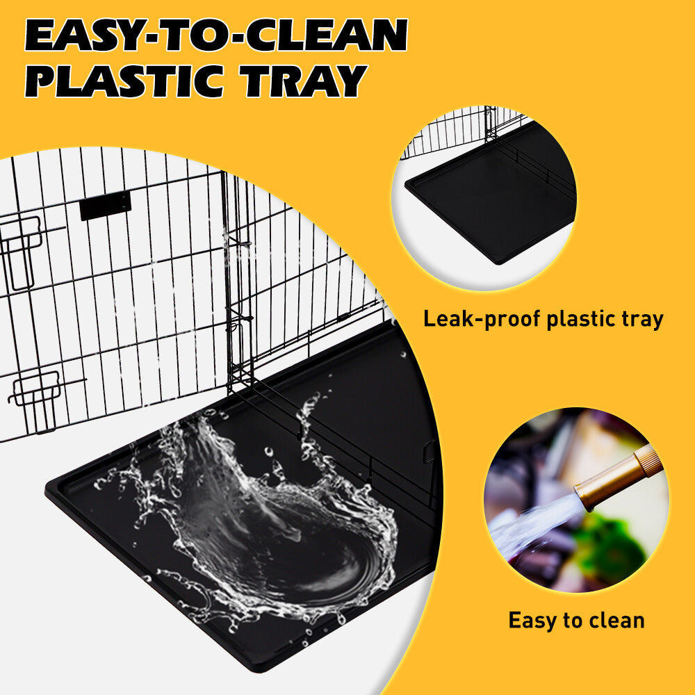 Foldable 24-inch dog cage with 3 doors, divider panel, leak-proof plastic tray, sturdy metal frame, and portable design for safe and comfortable pet housing.