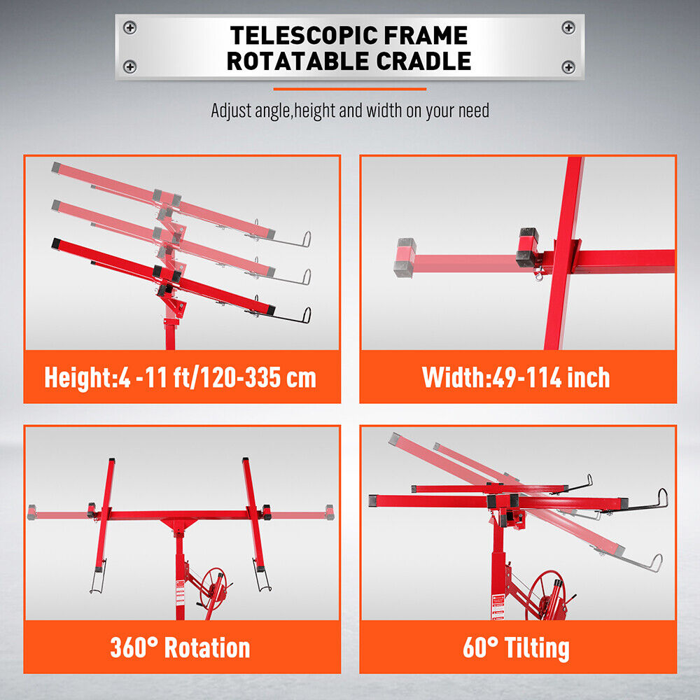 11-foot sheet panel lifter for plaster, drywall, and gyprock panels, featuring a sturdy red steel frame with adjustable height and lockable wheels for easy maneuverability.