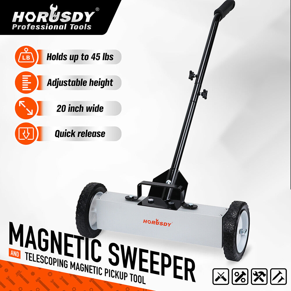Magnetic sweeper with adjustable handle, 20-inch width, and quick-release feature for easy metal debris collection.