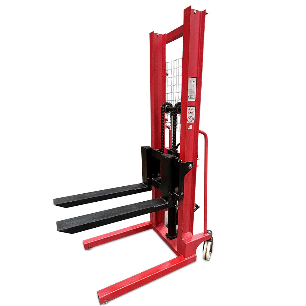 Manual hydraulic stacker lift truck, with 2m lift height and 500kg capacity. Ideal for material handling in warehouses and workshops, featuring durable red frame, compact design, and easy maneuverability