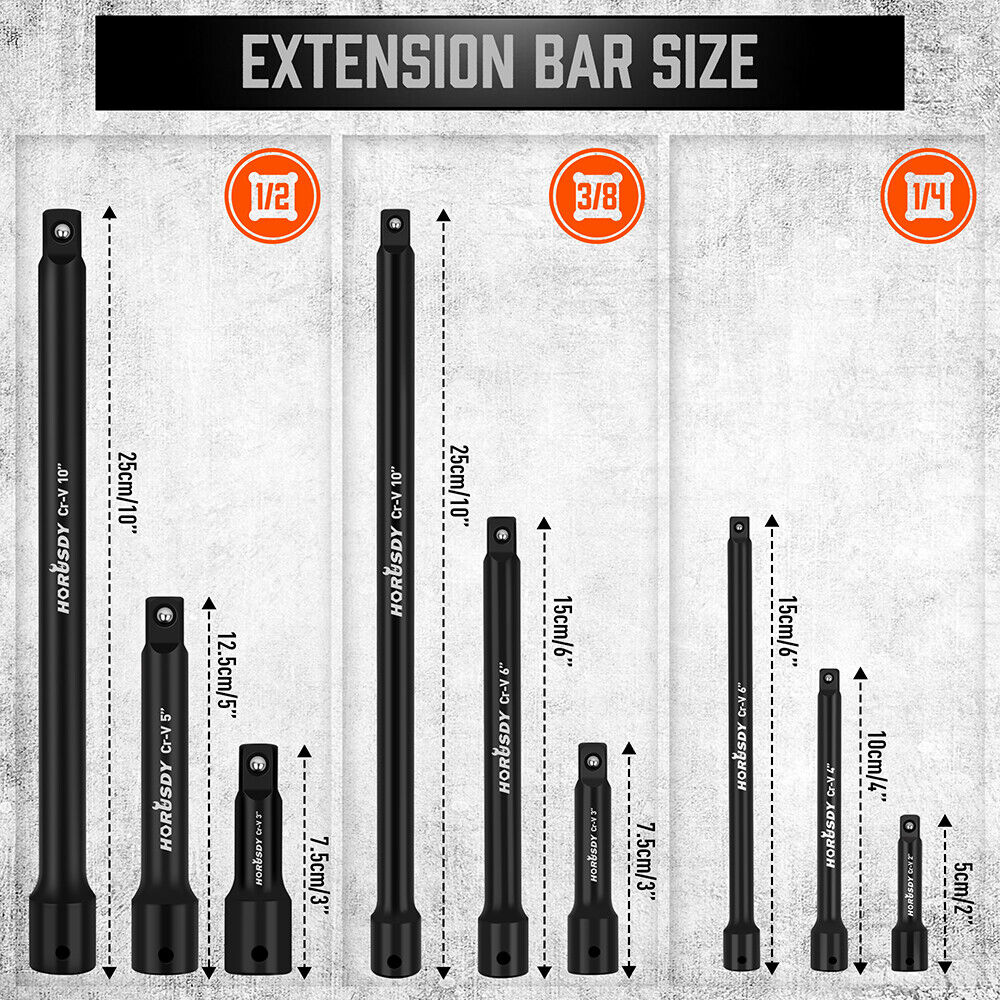 HORUSDY Impact Extension Bar Set - Cr-V, 1/4", 3/8", 1/2" Drive with Socket Adaptor Reducers